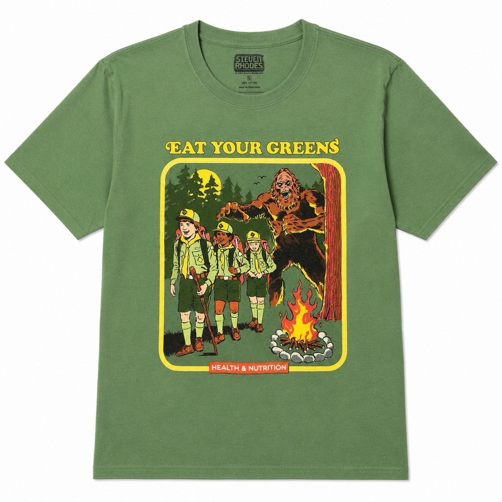 Steven Rhodes Eat Your Greens Bigfoot Sasquatch Graphic T-Shirt Mens Large Green